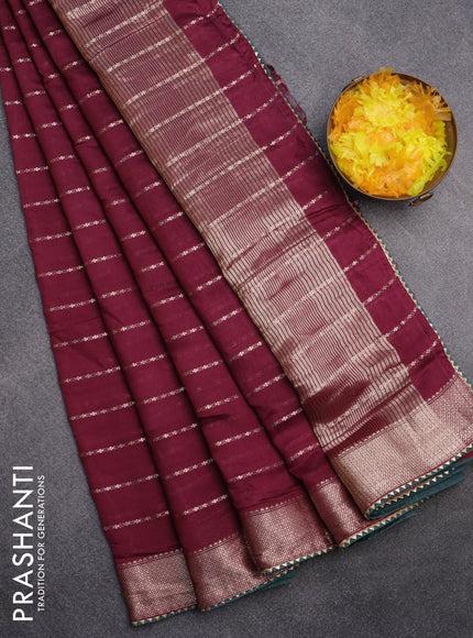 Semi chanderi saree maroon and green with allover zari woven stripes pattern and zari woven & gotapatti lace work border