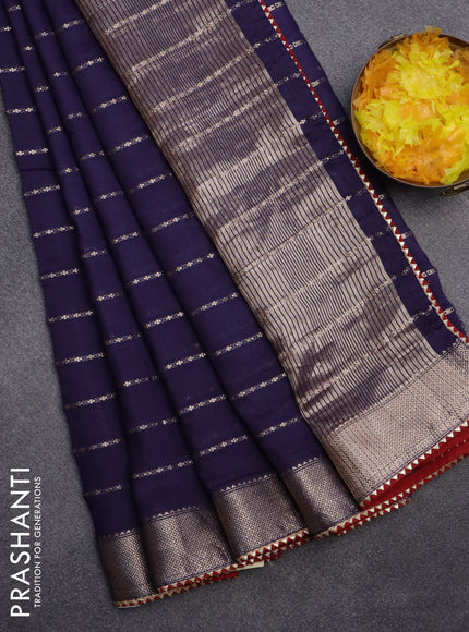 Semi chanderi saree dark blue and red with allover zari woven stripes pattern and zari woven & gotapatti lace work border