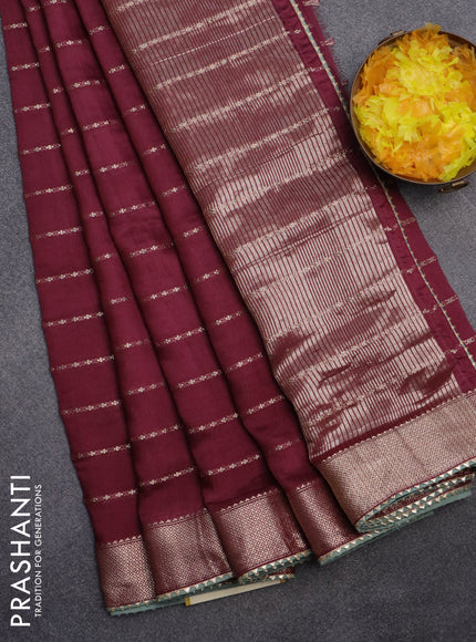 Semi chanderi saree maroon and pastel green with allover zari woven stripes pattern and zari woven & gotapatti lace work border