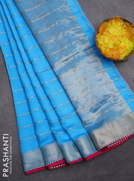 Semi chanderi saree light blue and pink with allover zari woven stripes pattern and zari woven & gotapatti lace work border