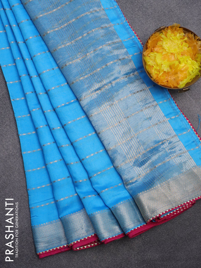 Semi chanderi saree light blue and pink with allover zari woven stripes pattern and zari woven & gotapatti lace work border