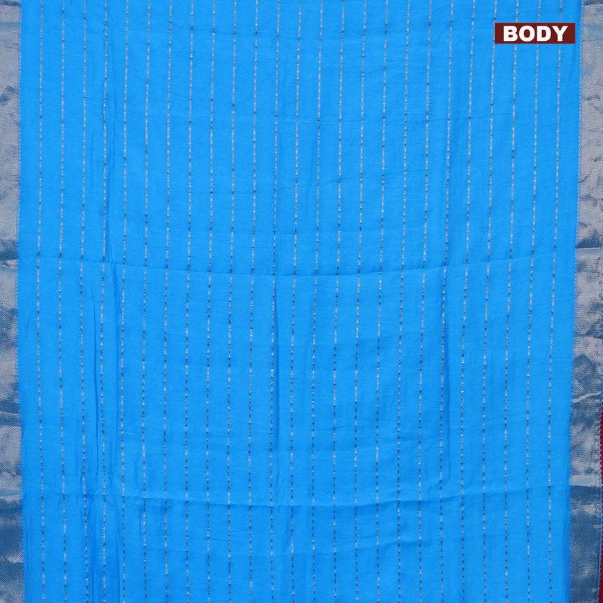 Semi chanderi saree light blue and pink with allover zari woven stripes pattern and zari woven & gotapatti lace work border