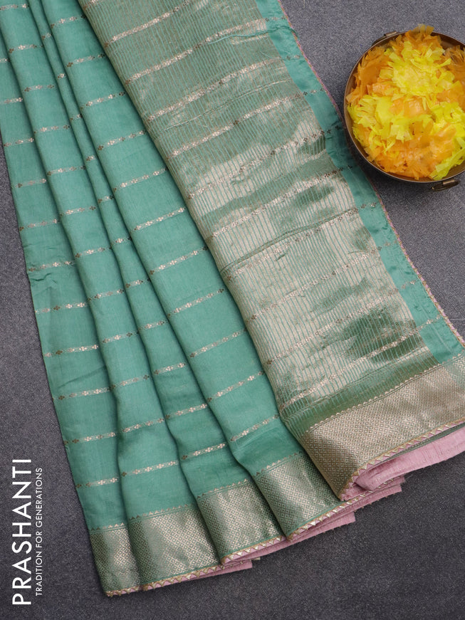 Semi chanderi saree pastel green and pastel pink with allover zari woven stripes pattern and zari woven & gotapatti lace work border