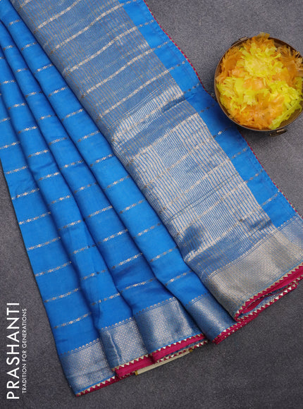 Semi chanderi saree cs blue and pink with allover zari woven stripes pattern and zari woven & gotapatti lace work border