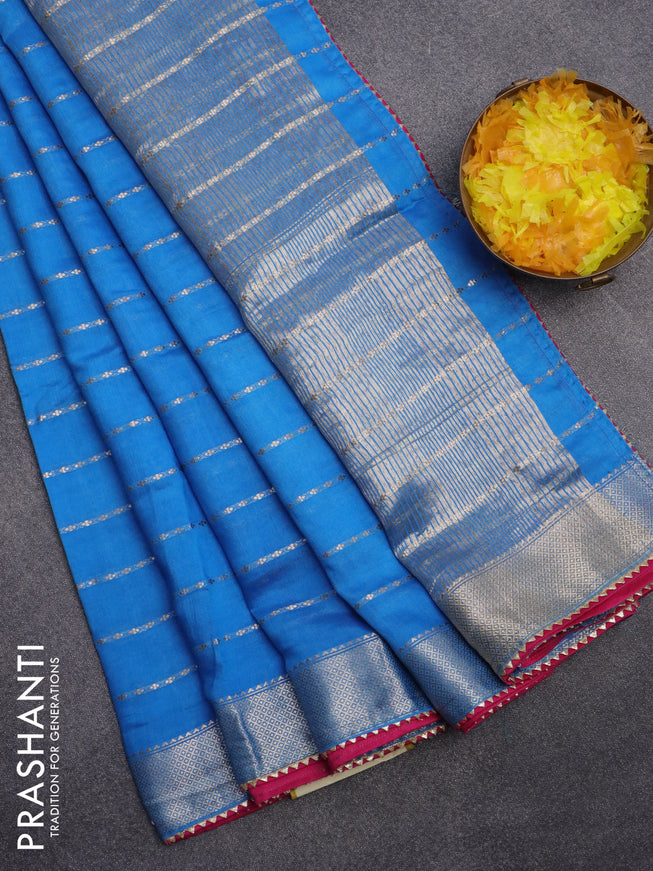 Semi chanderi saree cs blue and pink with allover zari woven stripes pattern and zari woven & gotapatti lace work border