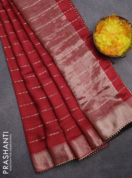 Semi chanderi saree red and black with allover zari woven stripes pattern and zari woven & gotapatti lace work border