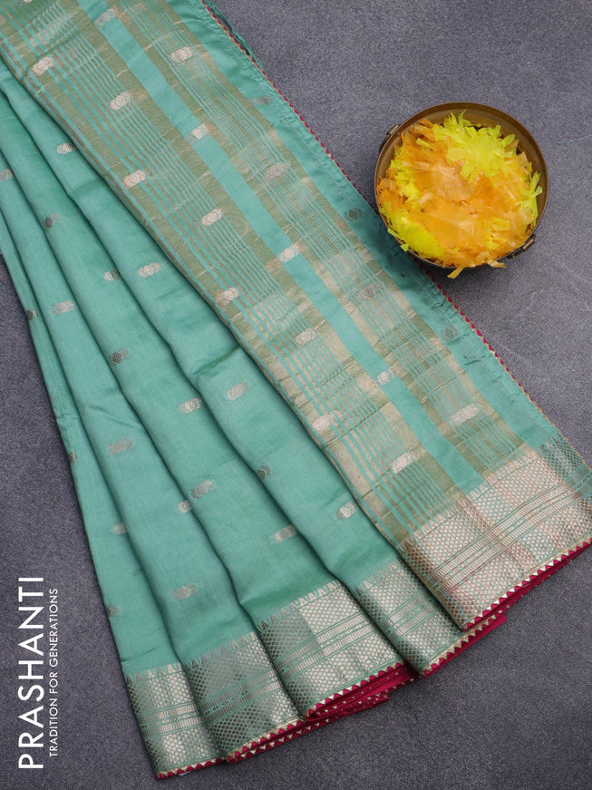 Semi chanderi saree pastel green and pink with zari woven buttas and zari woven & gotapatti lace work border