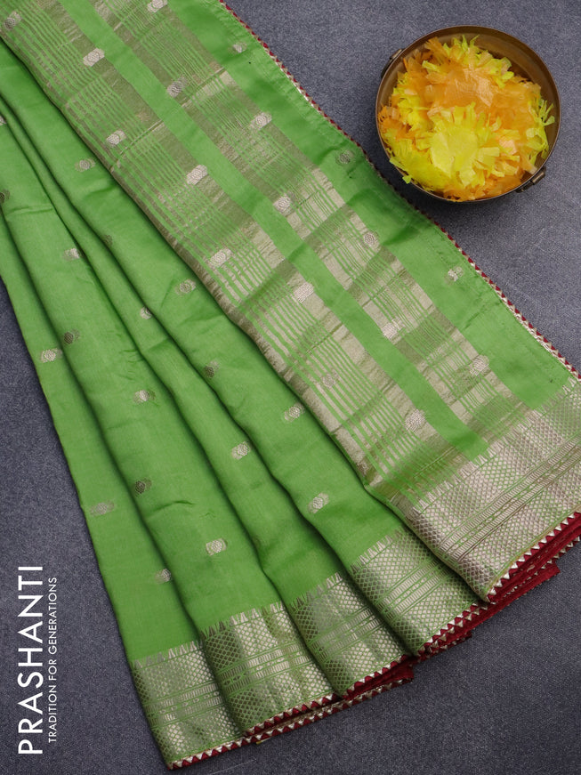 Semi chanderi saree light green and maroon with zari woven buttas and zari woven & gotapatti lace work border