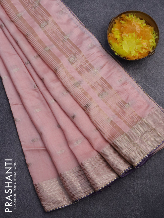 Semi chanderi saree peach shade and lavender shade with zari woven buttas and zari woven & gotapatti lace work border