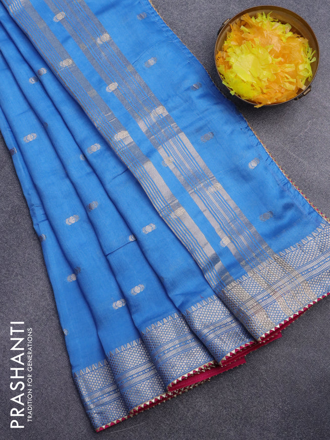 Semi chanderi saree light blue and pink with zari woven buttas and zari woven & gotapatti lace work border