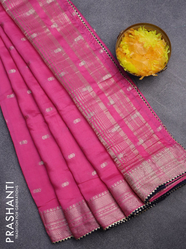 Semi chanderi saree pink and dark blue with zari woven buttas and zari woven & gotapatti lace work border