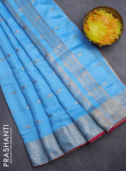 Semi chanderi saree light blue and pink with zari woven buttas and zari woven & gotapatti lace work border