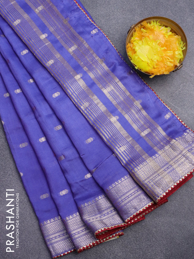 Semi chanderi saree blue and maroon with zari woven buttas and zari woven & gotapatti lace work border