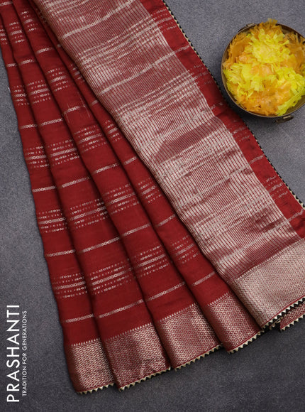 Semi chanderi saree red and black with allover stripes pattern and zari woven & gotapatti lace work border