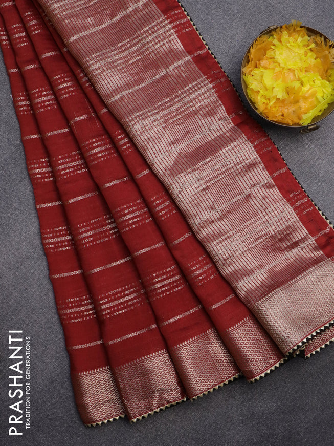 Semi chanderi saree red and black with allover stripes pattern and zari woven & gotapatti lace work border