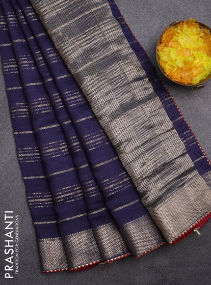 Semi chanderi saree dark blue and red with allover stripes pattern and zari woven & gotapatti lace work border