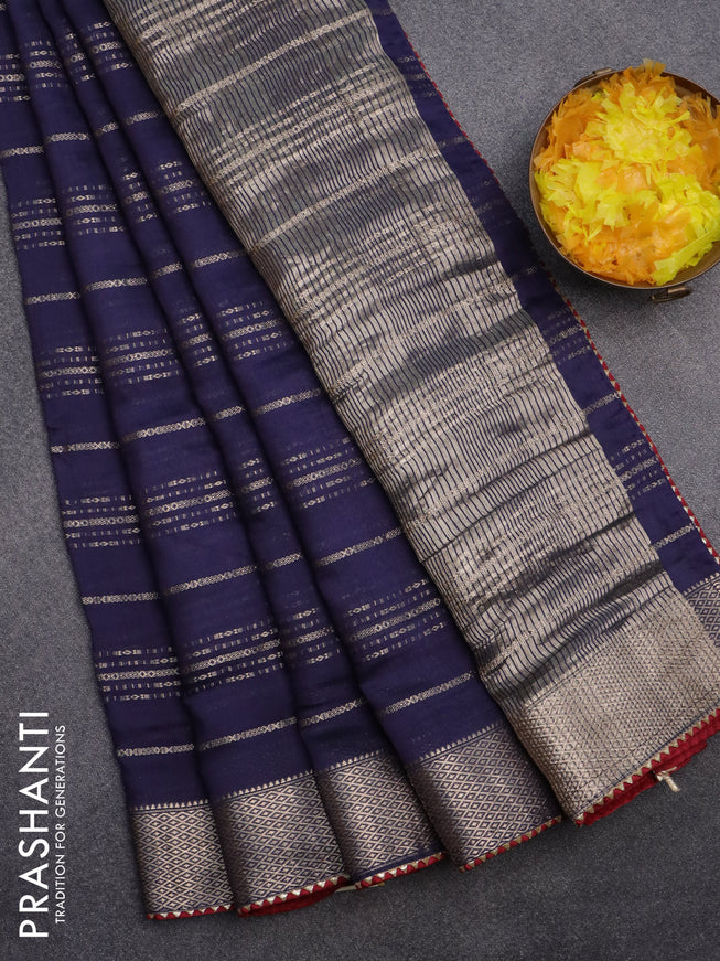 Semi chanderi saree dark blue and red with allover stripes pattern and zari woven & gotapatti lace work border