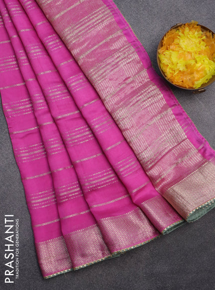 Semi chanderi saree pink and pastel green with allover stripes pattern and zari woven & gotapatti lace work border