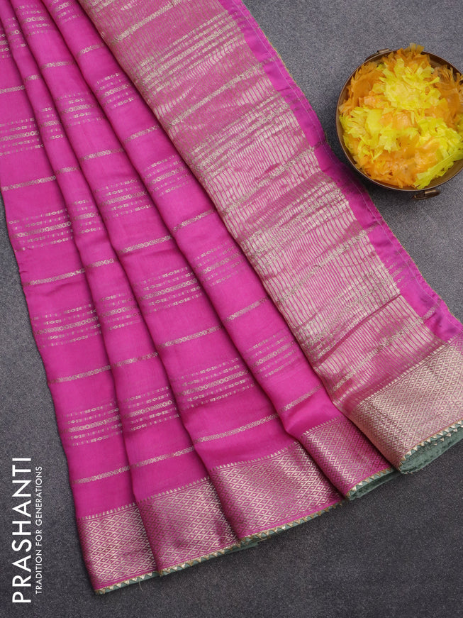 Semi chanderi saree pink and pastel green with allover stripes pattern and zari woven & gotapatti lace work border