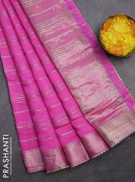 Semi chanderi saree pink and dark blue with allover stripes pattern and zari woven & gotapatti lace work border