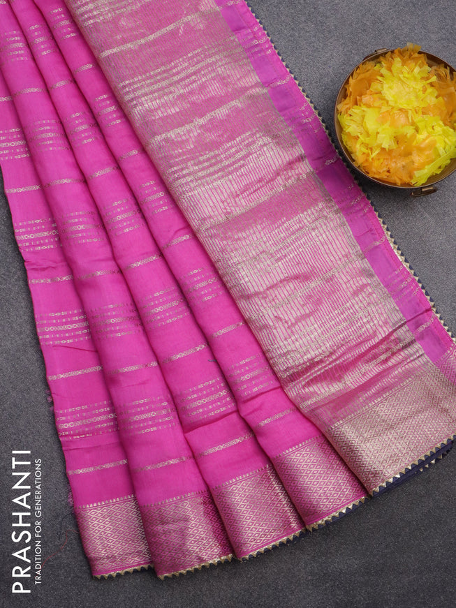 Semi chanderi saree pink and dark blue with allover stripes pattern and zari woven & gotapatti lace work border