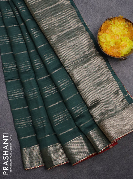 Semi chanderi saree dark green and red with allover stripes pattern and zari woven & gotapatti lace work border