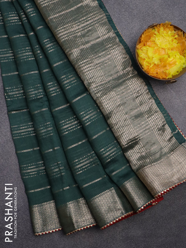 Semi chanderi saree dark green and red with allover stripes pattern and zari woven & gotapatti lace work border