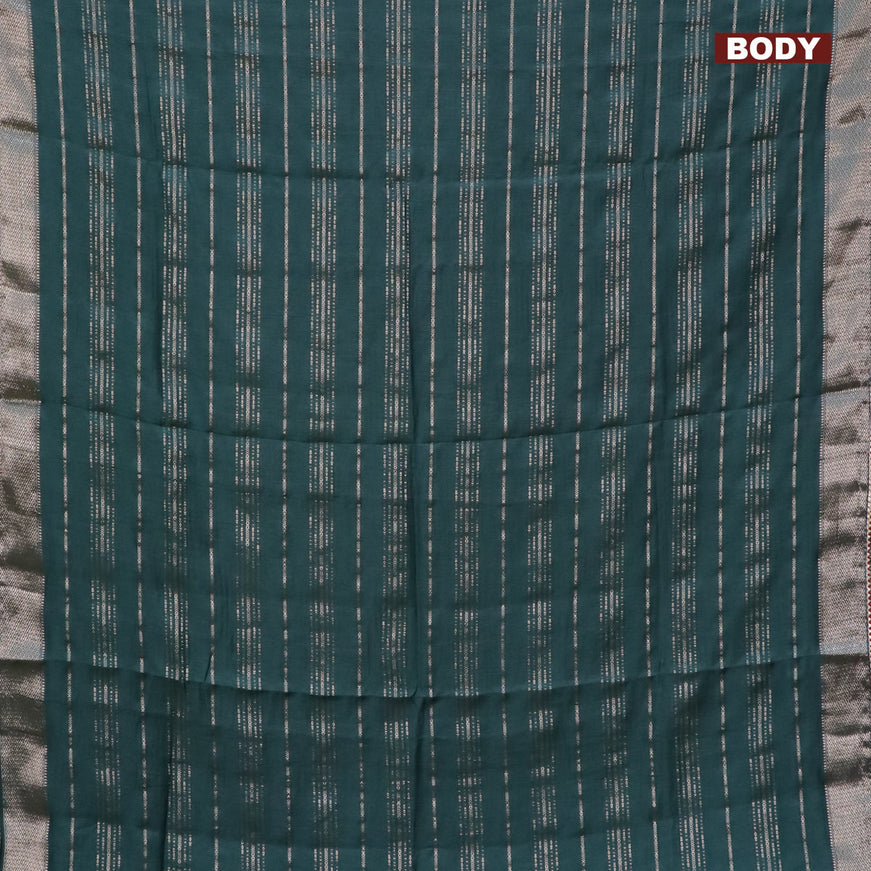 Semi chanderi saree dark green and red with allover stripes pattern and zari woven & gotapatti lace work border