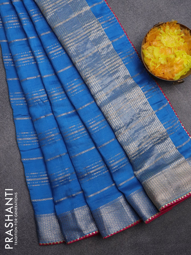 Semi chanderi saree cs blue and pink with allover stripes pattern and zari woven & gotapatti lace work border