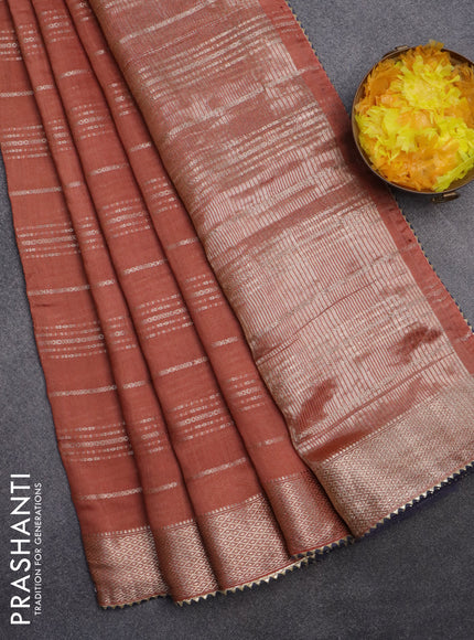 Semi chanderi saree rust shade and dark grey with allover stripes pattern and zari woven & gotapatti lace work border