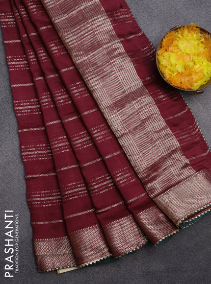 Semi chanderi saree maroon and green with allover stripes pattern and zari woven & gotapatti lace work border