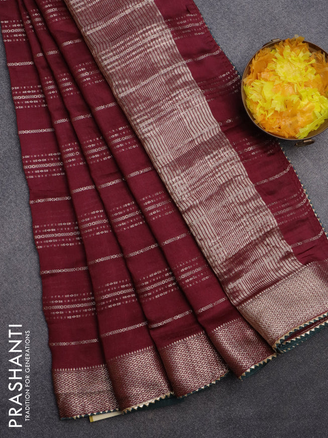 Semi chanderi saree maroon and green with allover stripes pattern and zari woven & gotapatti lace work border