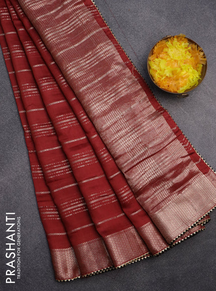 Semi chanderi saree maroon and black with allover stripes pattern and zari woven & gotapatti lace work border