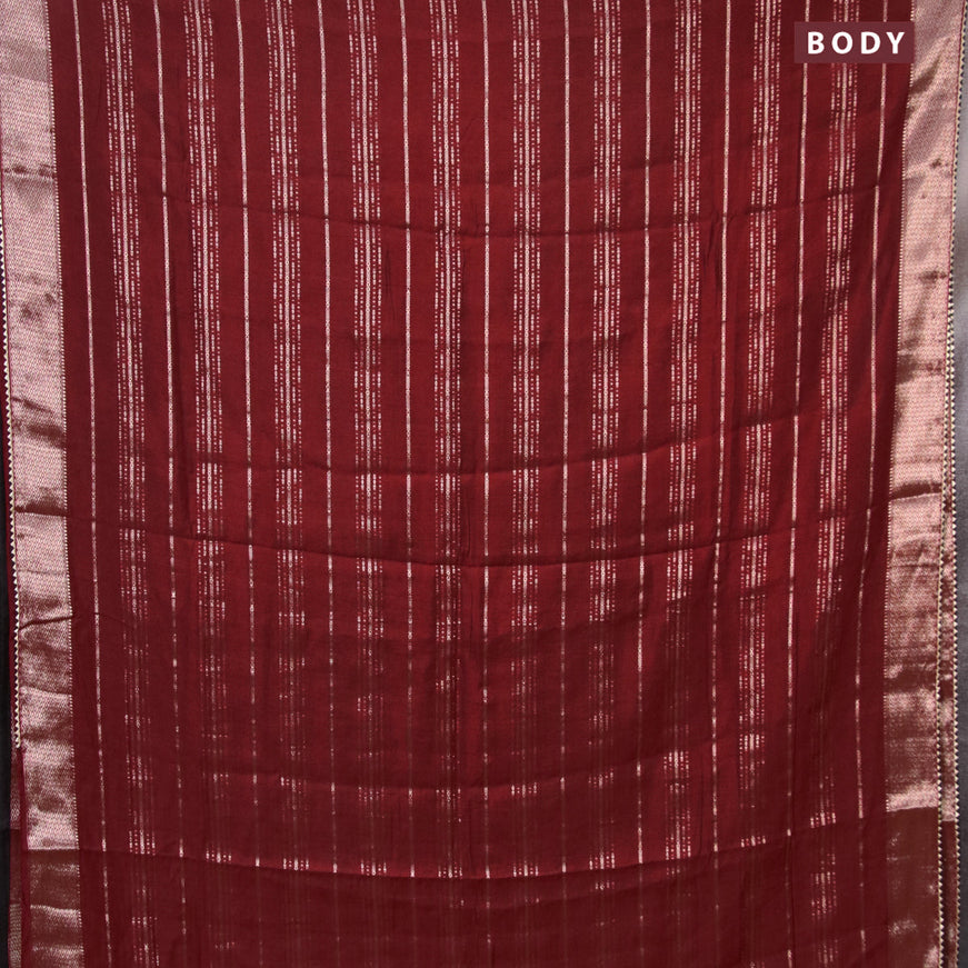 Semi chanderi saree maroon and black with allover stripes pattern and zari woven & gotapatti lace work border