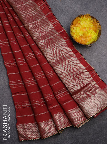 Semi chanderi saree maroon and black with allover stripes pattern and zari woven & gotapatti lace work border