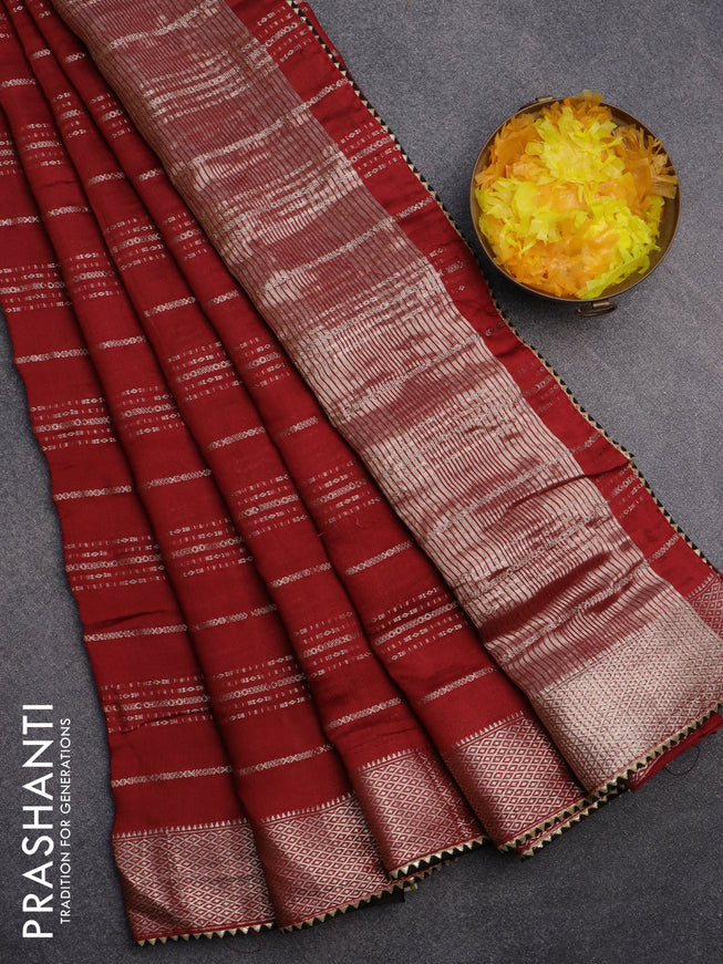 Semi chanderi saree maroon and black with allover stripes pattern and zari woven & gotapatti lace work border