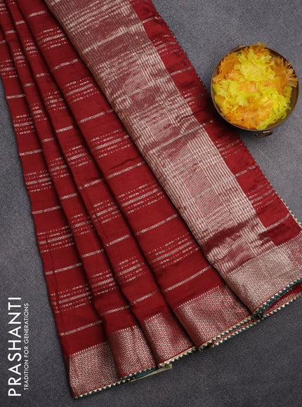 Semi chanderi saree maroon and green with allover stripes pattern and zari woven & gotapatti lace work border