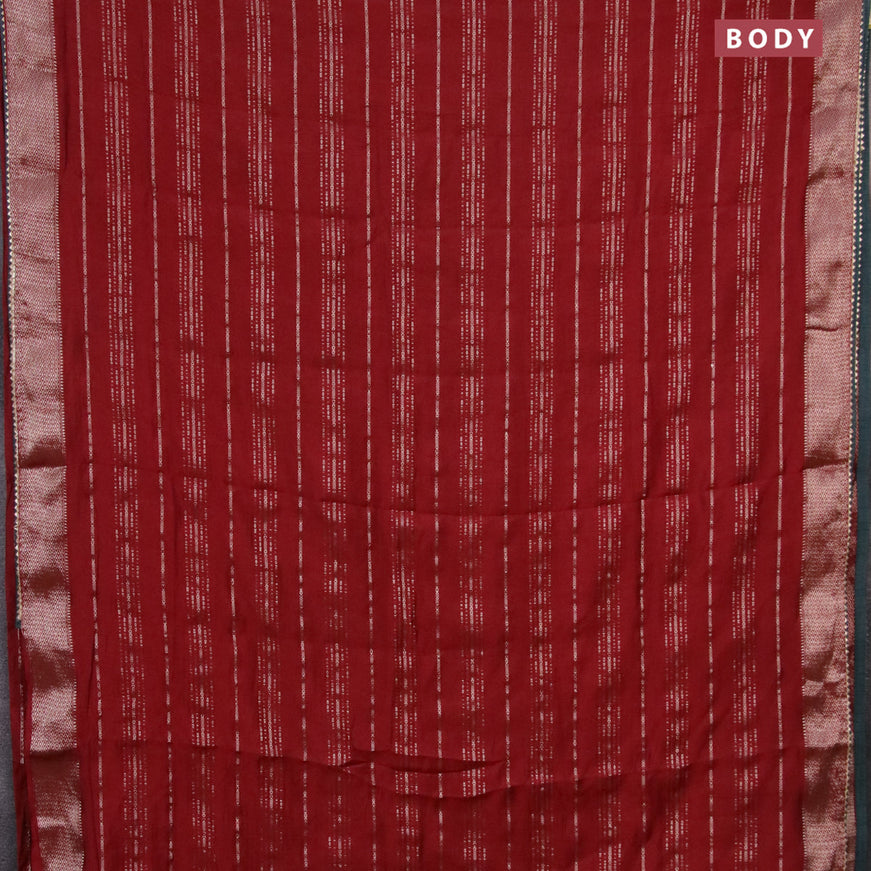 Semi chanderi saree maroon and green with allover stripes pattern and zari woven & gotapatti lace work border