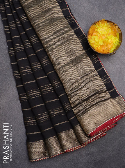 Semi chanderi saree black and maroon with allover stripes pattern and zari woven & gotapatti lace work border