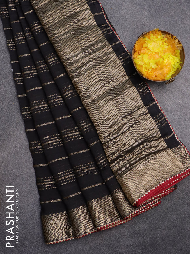 Semi chanderi saree black and maroon with allover stripes pattern and zari woven & gotapatti lace work border