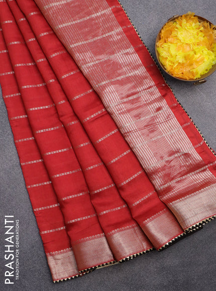 Semi chanderi saree red and black with allover stripes pattern and zari woven & gotapatti lace work border