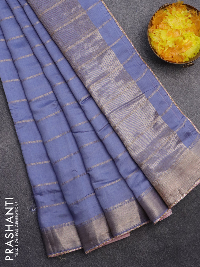 Semi chanderi saree blue shade and baby pink with allover stripes pattern and zari woven & gotapatti lace work border