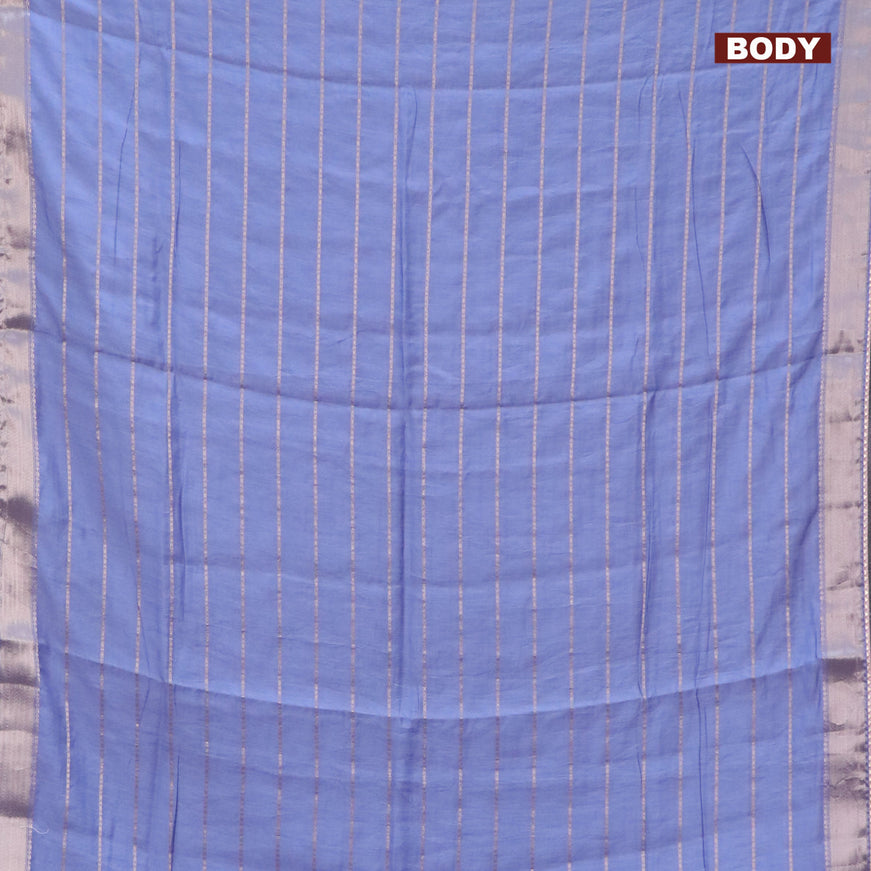 Semi chanderi saree blue shade and baby pink with allover stripes pattern and zari woven & gotapatti lace work border