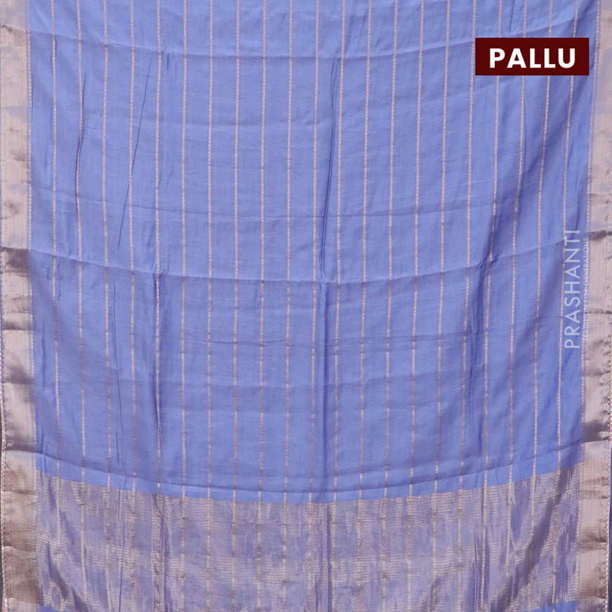 Semi chanderi saree blue shade and baby pink with allover stripes pattern and zari woven & gotapatti lace work border