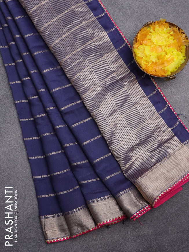 Semi chanderi saree dark blue and pink with allover stripes pattern and zari woven & gotapatti lace work border