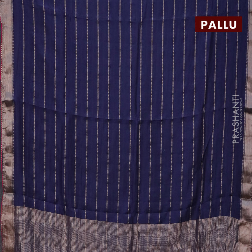 Semi chanderi saree dark blue and pink with allover stripes pattern and zari woven & gotapatti lace work border