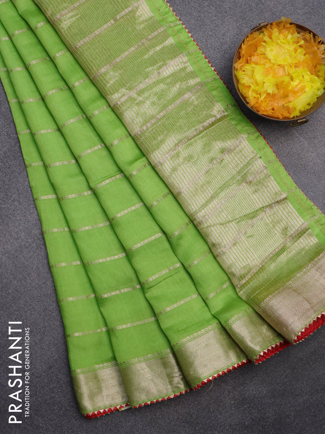 Semi chanderi saree light green and red with allover stripes pattern and zari woven & gotapatti lace work border