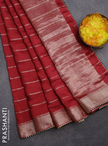 Semi chanderi saree red and black with allover stripes pattern and zari woven & gotapatti lace work border