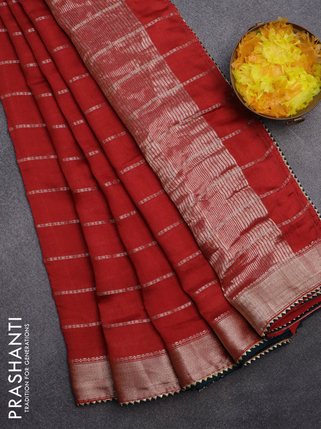 Semi chanderi saree red and dark green with allover stripes pattern and zari woven & gotapatti lace work border