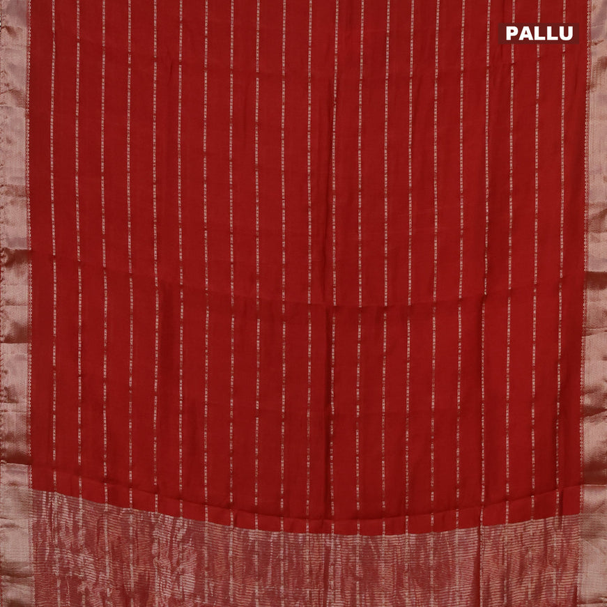 Semi chanderi saree red and dark green with allover stripes pattern and zari woven & gotapatti lace work border